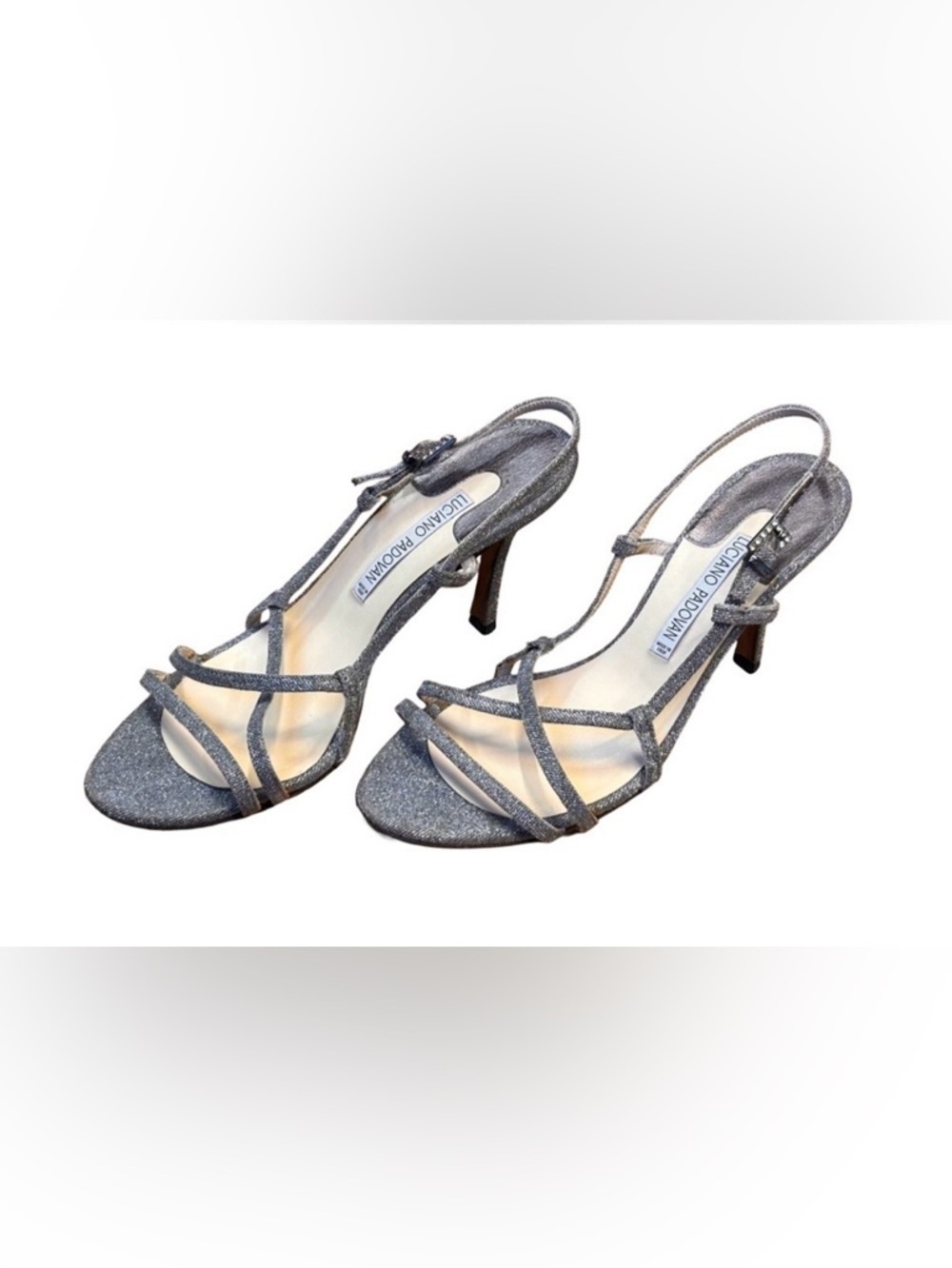 LUCIANO PADOVAN Silver Shimmery Strappy Heels w/ Rhinestone Buckles EU 38.5 US 8